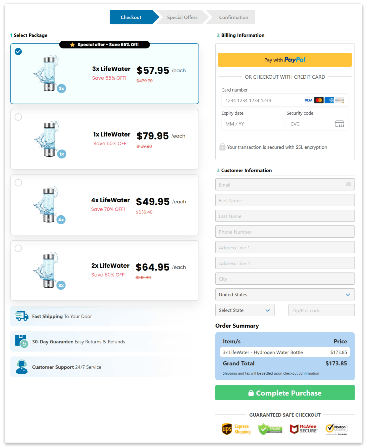 LifeWater Hydrogen Bottle checkout page